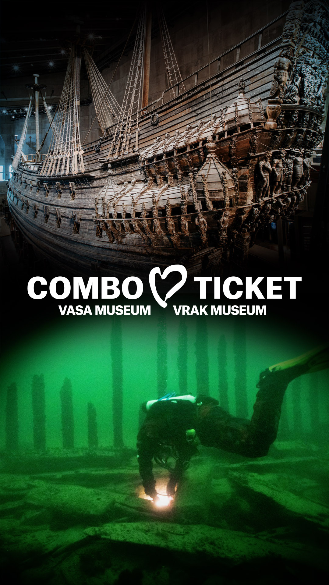 Collage av två bilder, överst en undervattensbild av ett skeppsvrak, underst en bild av skeppet Vasa inne i museet, sedd från sidan. I mitten syns texten combo ticket Vasa Museum [hjärta] Vrak Museum